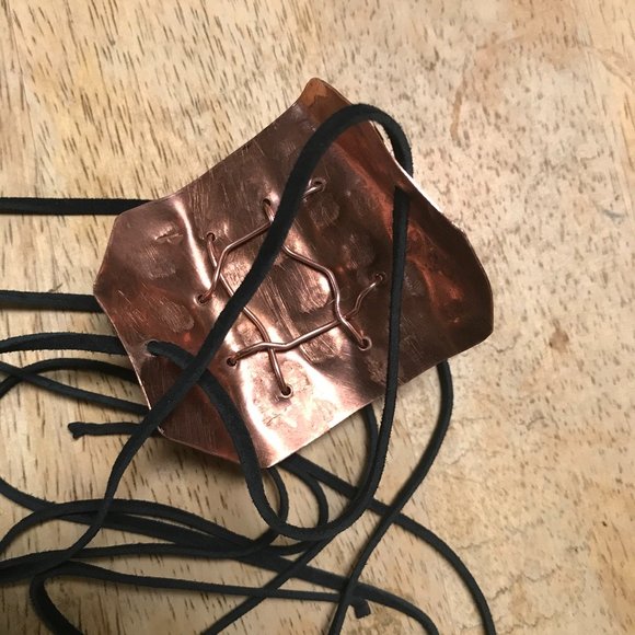 Septarian Dragons Egg Gemstone Brutalist Cuff Bracelet Tie Wrap Copper Suede - Picture 5 of 8